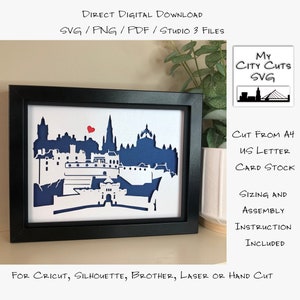 Paper Cut Shadow Box 3D Lightbox SVG PNG Skyline della città di Edimburgo Cricut Silhouette Taglio a mano Laser File di taglio a strati