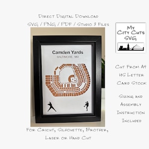 Może przedstawiać: Oprawiony wydruk artystyczny przedstawiający szczegółowy, brązowy papierowy wycięcie stadionu Camden Yards w Baltimore, Maryland. Wydruk zawiera tekst "Camden Yards" i "Baltimore, MD". Czarna rama otacza projekt stadionu i dwie sylwetki graczy w baseball.
