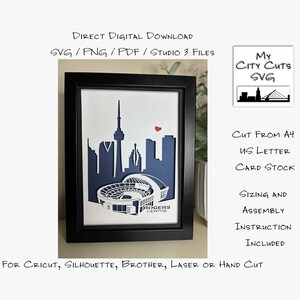 May include: A digital download of a paper cut design of the Toronto skyline, including the CN Tower and Rogers Centre. The design is in blue and white, with a red heart above the city. The design is for use with Cricut, Silhouette, Brother, laser or hand cutting machines.