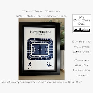 May include: A digital download of a printable SVG file for a papercraft model of Stamford Bridge, a football stadium in London, UK. The file is designed for use with Cricut, Silhouette, Brother, laser or hand cutting machines. The image shows a framed papercraft model of the stadium, with the text "Stamford Bridge, London, UK" above it. The image also includes text that says "Cut from A4 US Letter Card Stock" and "Sizing and Assembly Instructions Included".