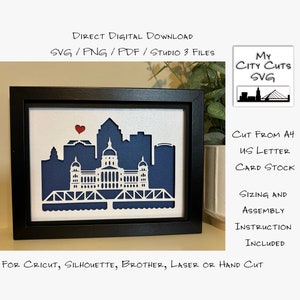 Papier découpé Shadow Box 3D Lightbox SVG PNG Des Moines ville Skyline Cricut Silhouette découpé au laser en couches cartes coupe des fichiers à la main
