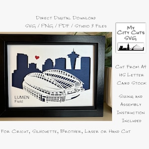 Papierschnitt Schattenbox 3D Lightbox SVG PNG PNG Lumen Field Stadion Trotzdem Washington Cricut Silhouette Handschnitt Laser Karte geschnitten Dateien