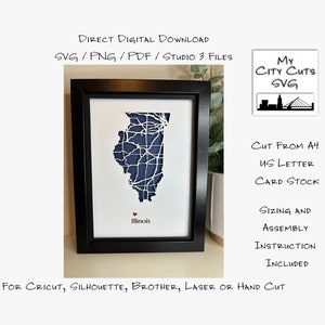 Paper Cut Shadow Box 3D Lightbox SVG PNG Illinois State kaart Cricut silhouet handgesneden laser gelaagde kaart gesneden bestanden