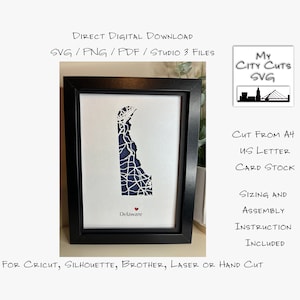 Papier gesneden Shadow Box 3D lightbox SVG PNG Delaware staat kaart Cricut silhouet handgesneden laser gelaagde kaart gesneden bestanden