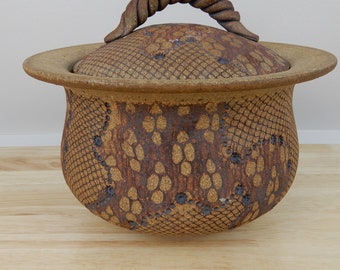 Cuenco de piel de serpiente con tapa, cerámica de Don McWhorter – Arte de estudio, 1989