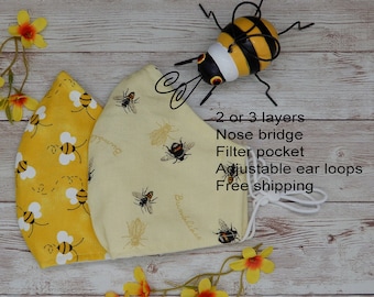 Mascarilla facial de abeja Mascarilla de abeja de miel Mascarilla de abejorro Mascarilla de apicultor Mascarilla con alambre para la nariz Mascarilla con bolsillo para filtro Mascarilla facial de tela de algodón hecha a mano