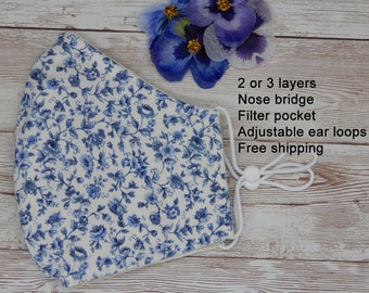 Mascarilla facial floral azul: 100 % algodón, ajustable, con bolsillo para filtro