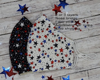 Mascarilla facial patriótica: americana, ajustable, con bolsillo para filtro.