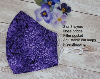 Chrysanthemum face mask   Purple mum face mask  Purple floral face mask with nose wire  filter pocket and adjustable earloops  Reusable