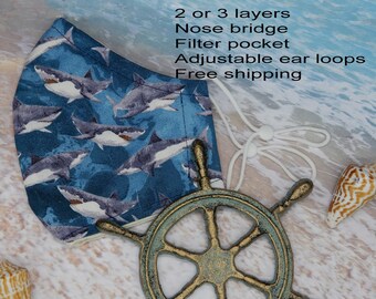 Shark Print Face Mask | Handmade Cotton, Adjustable, Washable