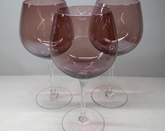 3 Vintage Amethyst Balloon Wine Goblets Clear Stem And Base Hand Blown 16 oz