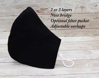 Mascarilla facial de algodón negra hecha a mano: ajustable, con filtro y alambre para la nariz.