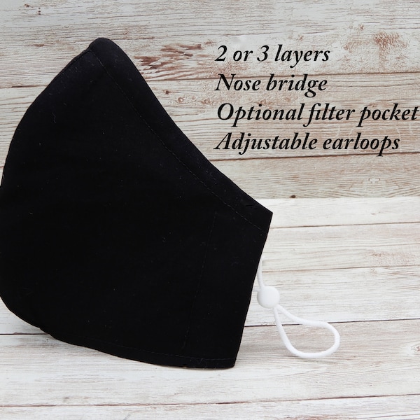 Black Face Mask  100% cotton 2 or 3 layers with nose wire filter pocket  Solid Black handmade  Face covering  Made in USA Ready to ship