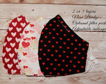 Mascarilla facial de corazón: 100 % algodón con bolsillo para filtro y alambre para la nariz