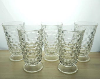 Juego de 5 vasos de té helado con base, de cristal transparente, de la colección Whitehall Colony Cubist, de Indiana Glass, estilo vintage, de la marca Indiana Glass.