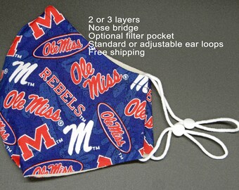 Ole Miss face mask  University of Mississippi  Ole Miss Rebels    Mask with nose wire  Cotton Cloth reusable face mask  Washable mask