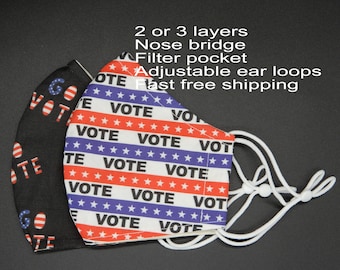 Vote Face Mask   Vote Mask    Election face mask   Face mask with nose wire and filter pocket  adjustable earloops  100% cotton cloth