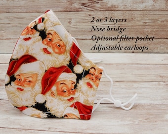 Santa Claus face mask/ Holiday face mask/ Christmas face mask/ mask with nose wire/ mask with filter pocket/ Cotton Cloth washable face mask