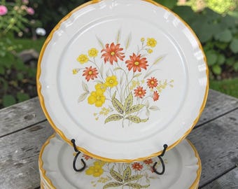 Juego de 7 platos llanos japoneses de gres Golden Bouquet, flores silvestres vintage de los años 70