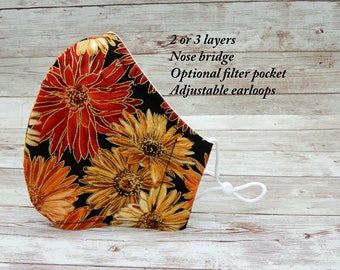 Mascarilla facial con estampado de margaritas: mascarilla de algodón otoñal con bolsillo para filtro