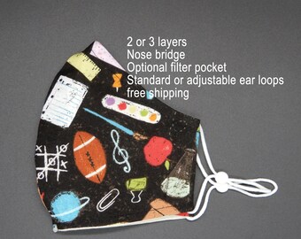 Teacher Face Mask: Reusable Cotton Mask with Nose Wire & Filter Pocket