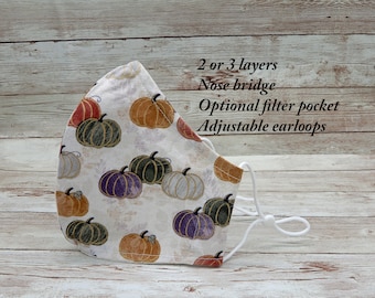 Pumpkin Face Mask: Cotton Autumn Thanksgiving Mask with Filter Pocket