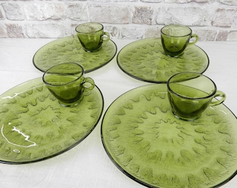 Indiana Glass Sunburst Snack Plate and cup Set Green Set of 4 (8 Pieces)