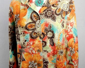 Coldwater Creek Linen Blend Boho Blazer Lightweight Floral Print Women's Large