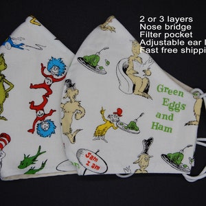 Dr Seuss Face mask  Green Eggs and ham face mask   Mask with nose wire filter pocket   Cloth reusable face mask   Washable mask