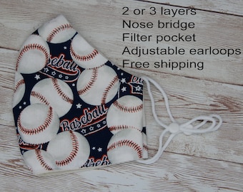 Baseball Face Mask: Cotton Mask with Nose Wire & Adjustable Loops