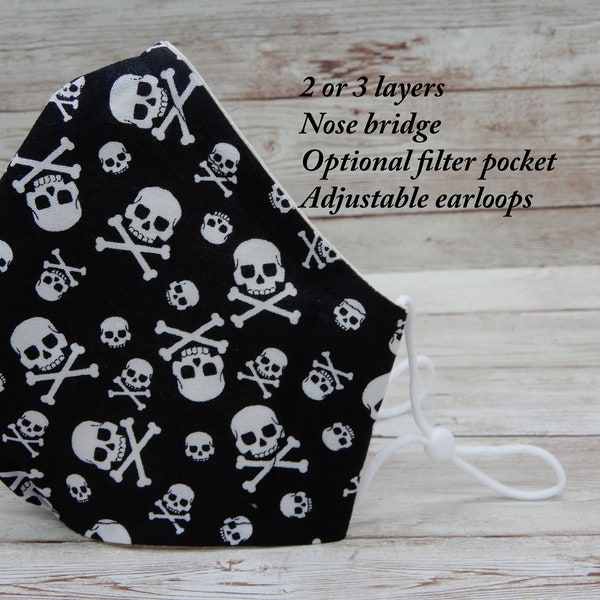 Skull face mask/ Pirate face mask/ Skull and cross bones/ Halloween face mask/mask with nose wire/mask with filter pocket/ Cotton face mask