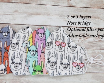 Mascarilla facial de llama: algodón, ajustable, con puente nasal