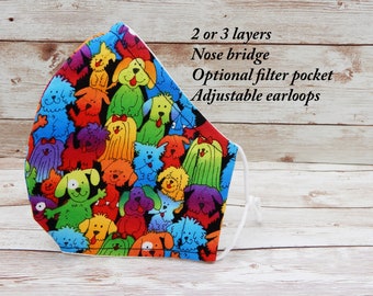 Mascarilla facial con estampado de perro: algodón, orejeras ajustables, bolsillo para filtro opcional