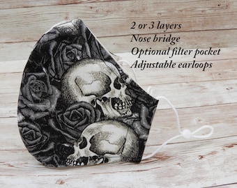 Mascarilla facial de algodón con calavera: mascarilla de esqueleto de Halloween con bolsillo para filtro