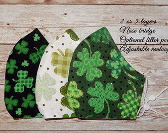 Mascarilla facial para adultos con trébol del Día de San Patricio con alambre nasal y/o bolsillo para filtro. Mascarilla de tela 100 % algodón. Mascarilla de viaje para profesores.
