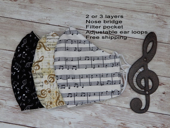 Music Notes Face Mask: Cotton Cloth, Filter Pocket, Adjustable Ear Loops