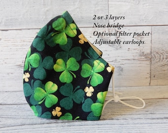 Mascarilla facial de trébol: Trébol del Día de San Patricio, algodón, con bolsillo para filtro