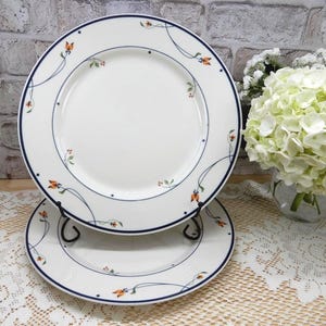 May include: Two round ceramic dinner plates featuring a cream-colored base with a dark blue rim. The plates are decorated with a delicate pattern of thin, dark blue swirling vines, small green leaves, and tiny orange flower buds.