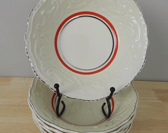 6 Vintage Steubenville Adam Dessert Bowls – Ivory Embossed Aladdin Pattern, Red Band, Platinum Trim