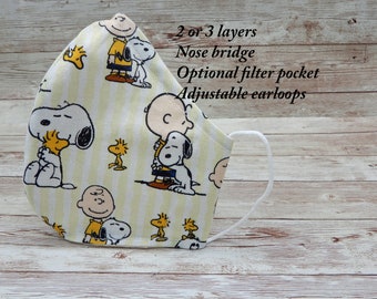 Snoopy face mask   Charlie Brown Peanuts face mask with nose wire filter pocket adjustable earloops  Handmade Cotton cloth
