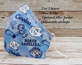 UNC Face mask  100% Cotton with nose wire and filter pocket  University of North Carolina Tar heels handmade mask Made in USA  Free Shipping