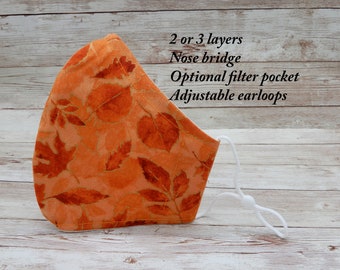 Autumn Leaves Cotton Face Mask: Nose Bridge, Filter Pocket