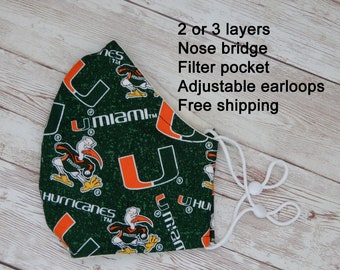 UM Face Mask  University of Miami   100% cotton 2 or 3 layers nose wire filter pocket adjustable ear loops handmade reusable mask