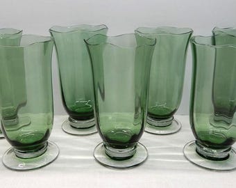 Set of 7 Gorham Crystal Rose Serenade Green Highball Glasses – Scalloped Edge, Wafer Stem