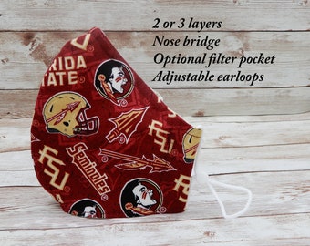 FSU face mask  FSU mask   FSU  Seminoles  Florida state face mask  Cotton Cloth handmade face mask  mask with nose wire  mask with filter