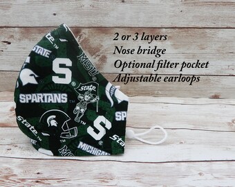 Michigan State face mask  Spartans face mask  MSU face mask  College student face mask with nose wire and filter pocket   100% cotton cloth