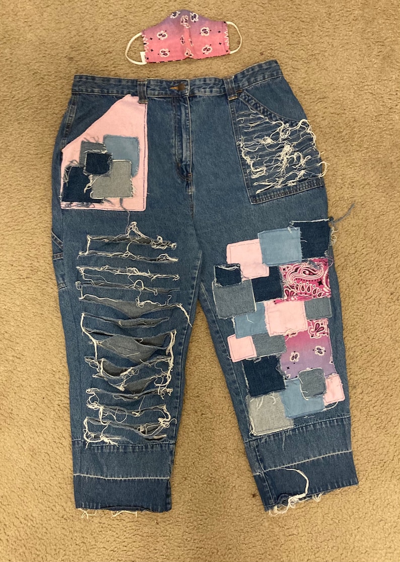 Bandana Patchwork Jeans w/ Mask Etsy