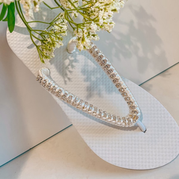 Bridal slippers, white sandals for beach wedding, custom bridal sandals, rhinestone sandals for women, wedding shoes, flip flops decorated