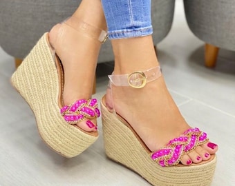 Jute Espadrille Wedge Sandals, Rhinestone Detail, Transparent Strap