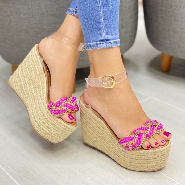 Wedge Espadrille Sandals, elegant sandals for summer, high sandals with rhinestones, jute sandals, comfortable shoes, trending platforms